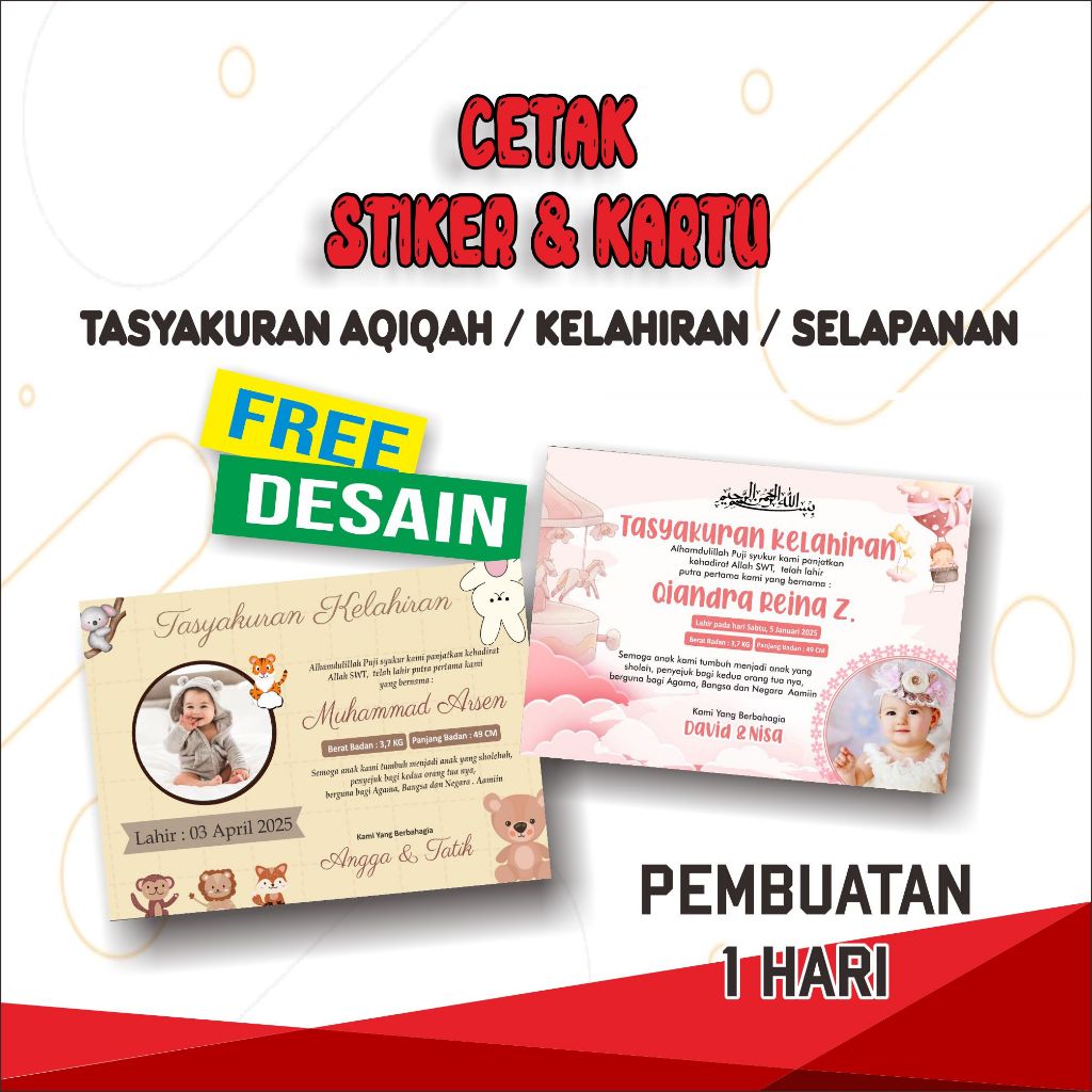 Stiker Tasyakuran Aqiqah / Kelahiran / Selapanan , Kartu Tasyakuran Aqiqah / Kelahiran / Selapanan