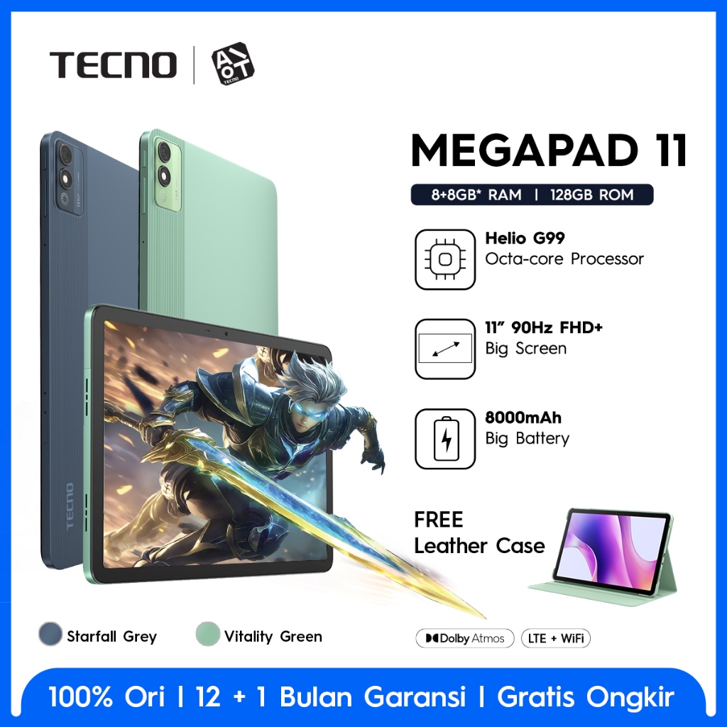 TECNO MEGAPAD 11 8+8GB*128GB, 11inch Ultra Screen with Eye Care Mode, Sim Card + T-Flash, 8000mAh, 1