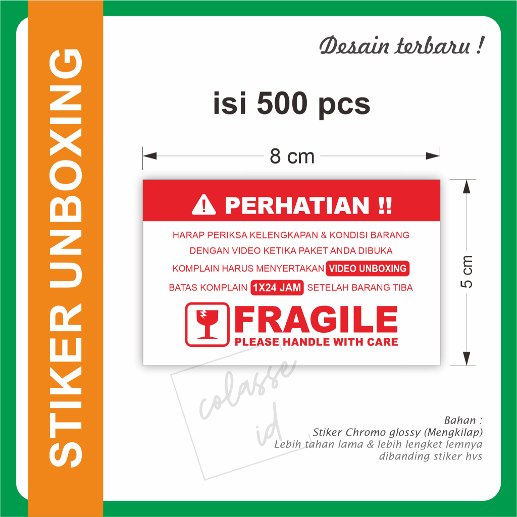 

500 Label Sticker FRAGILE Wajib Video Unboxing Stiker 8x5 cm isi 500 Bahan stiker chromo lebih bagus, tahan air dan mengkilap