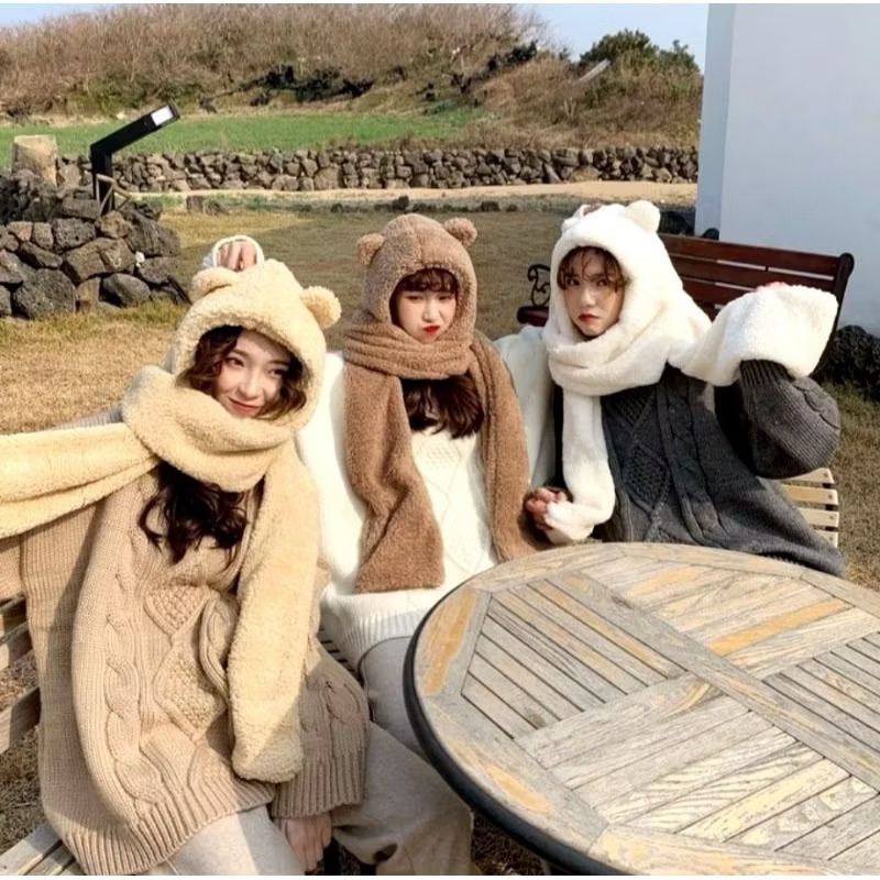 Topi Syal Beruang Jennie Bulu Korean Style Musim Dingin