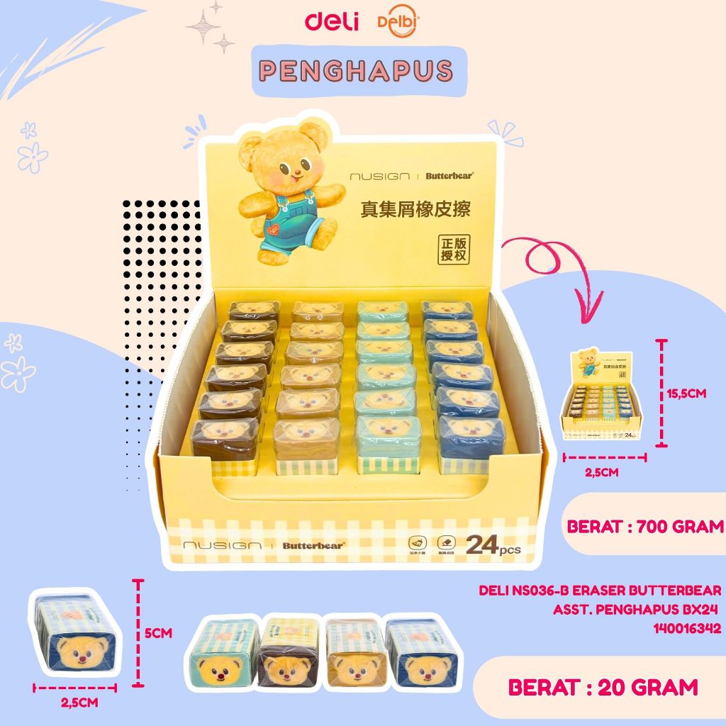 

DELI NS036-B ERASER BUTTERBEAR ASST. PENGHAPUS DELI NS036-B ERASER BUTTERBEAR ASST. PENGHAPUS
