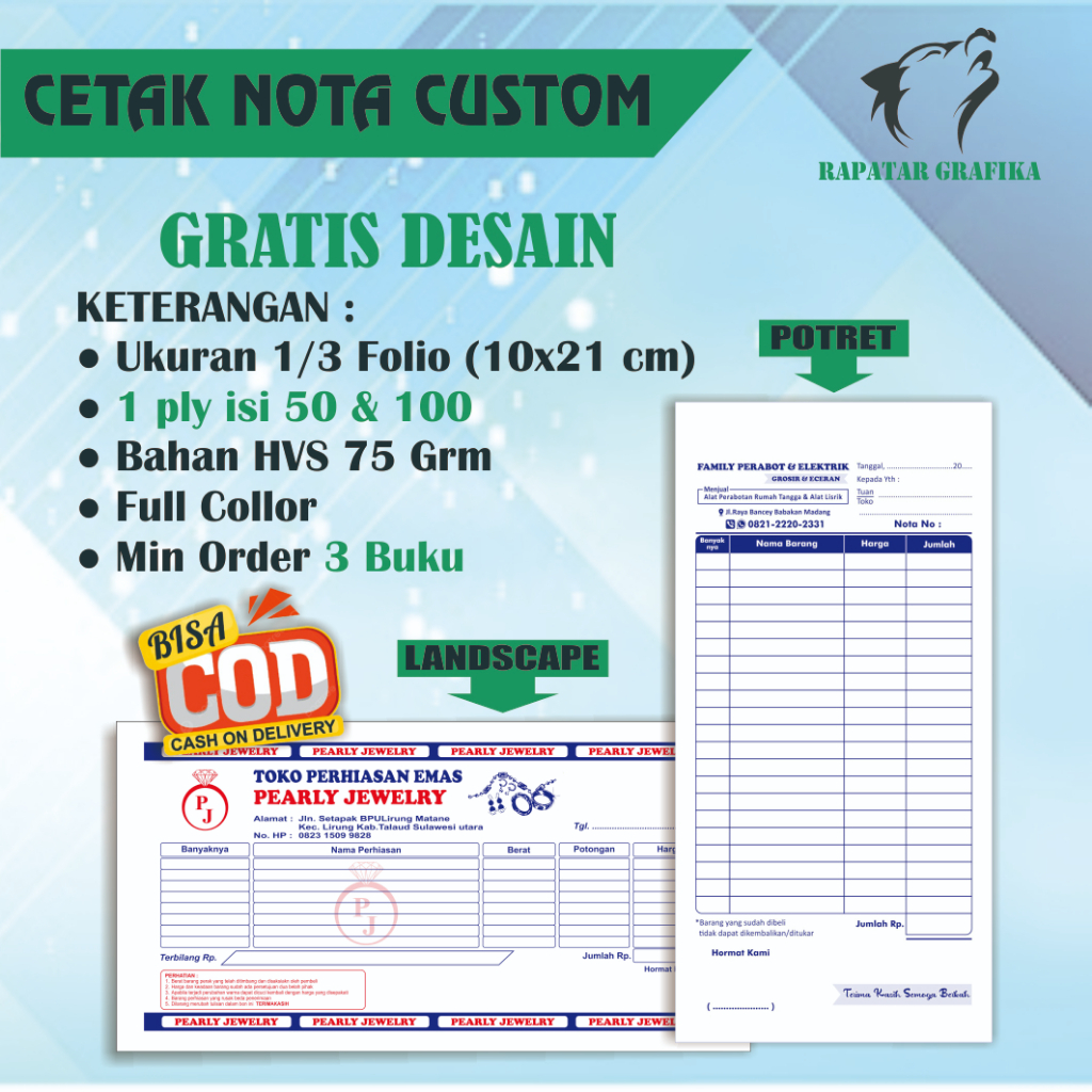 

Cetak Nota Custom ukuran 1/3 (1 ply). Request nama toko olshop sendiri free desain Rafatar Grafika