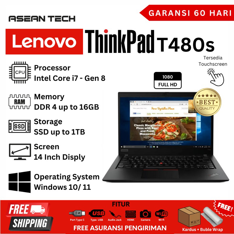 Laptop 14" Lenovo Thinkpad T480s T480 Core i7/ i5 Gen 8 Ram 32GB SSD - Second Murah Bergaransi |SLIM