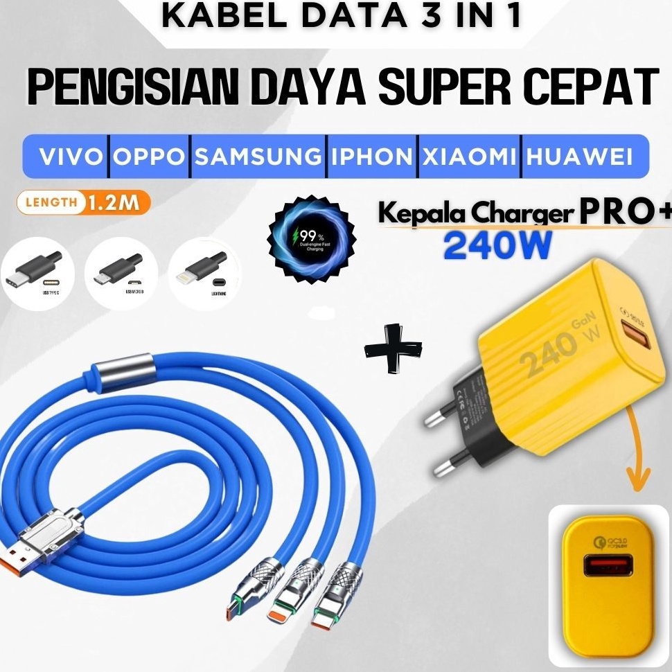 55HARGA TERMURAAH Dapat Charger CepatKABEL Data 3 IN 1 Fast Charging 24W 6A Type C MICRO USB IOS LIG