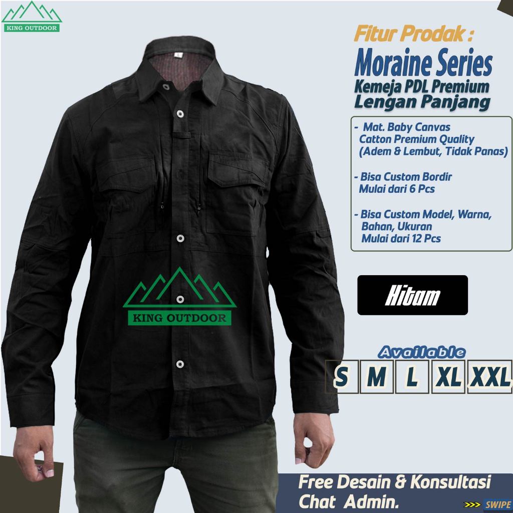 Kemeja Tactical WIFT Lengan Panjang Bahan Baby Canvas Warna HITAM | Kemeja PDL Premium Terbaru