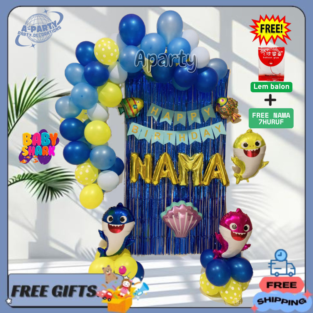 Balon Paket Dekorasi Ulang Tahun Tema BabyShark Garland Dekorasi Balon Set BabyShark Laut Biru Karak
