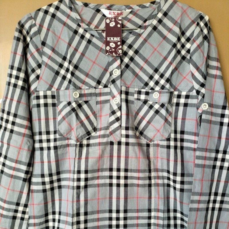Atasan Wanita Kemeja Hem Blouse Kotak abuabu Exbe