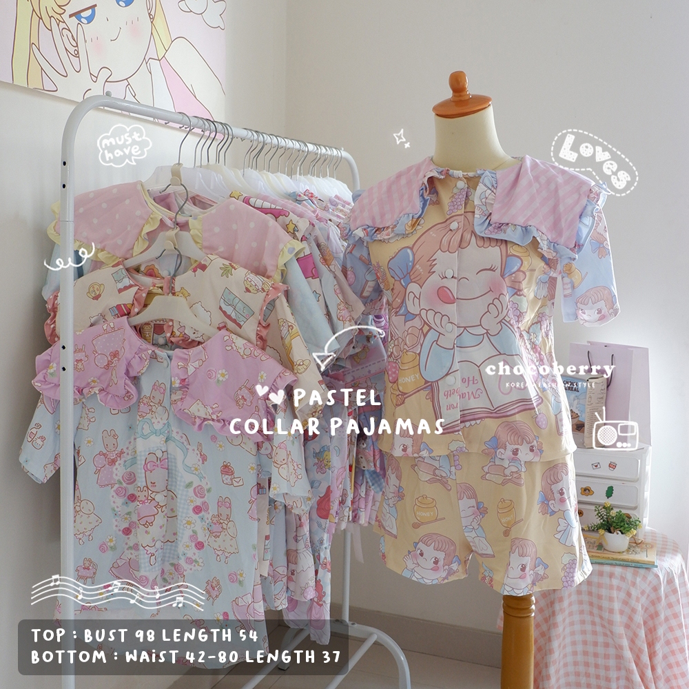 PASTEL COLLAR PAJAMAS / piyama kartun cartoon kawaii baju tidur import peko sailor maroon cream sanr