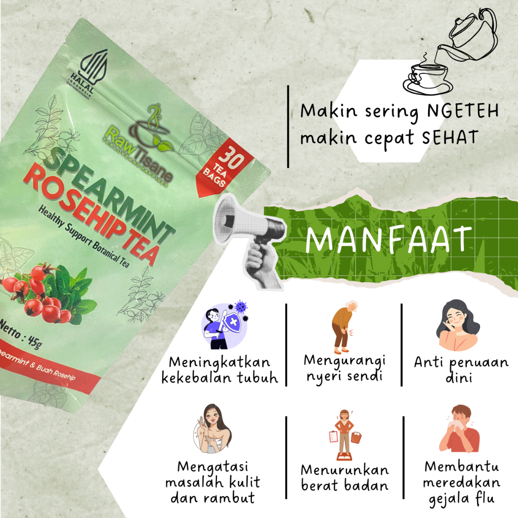 

RAW TISANE Spearmint With Rosehip Tea : Teh Daun Spearmint & Buah Rosehip Isi 30 Tea Bag