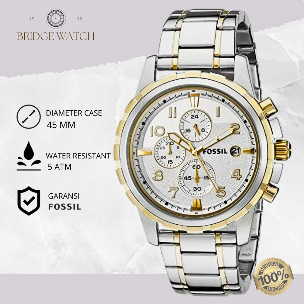 Jam Tangan Pria Fossil Dean Chronograph Men Analog Strap Rantai Cowok Silver Dial Dual Tone Silver S