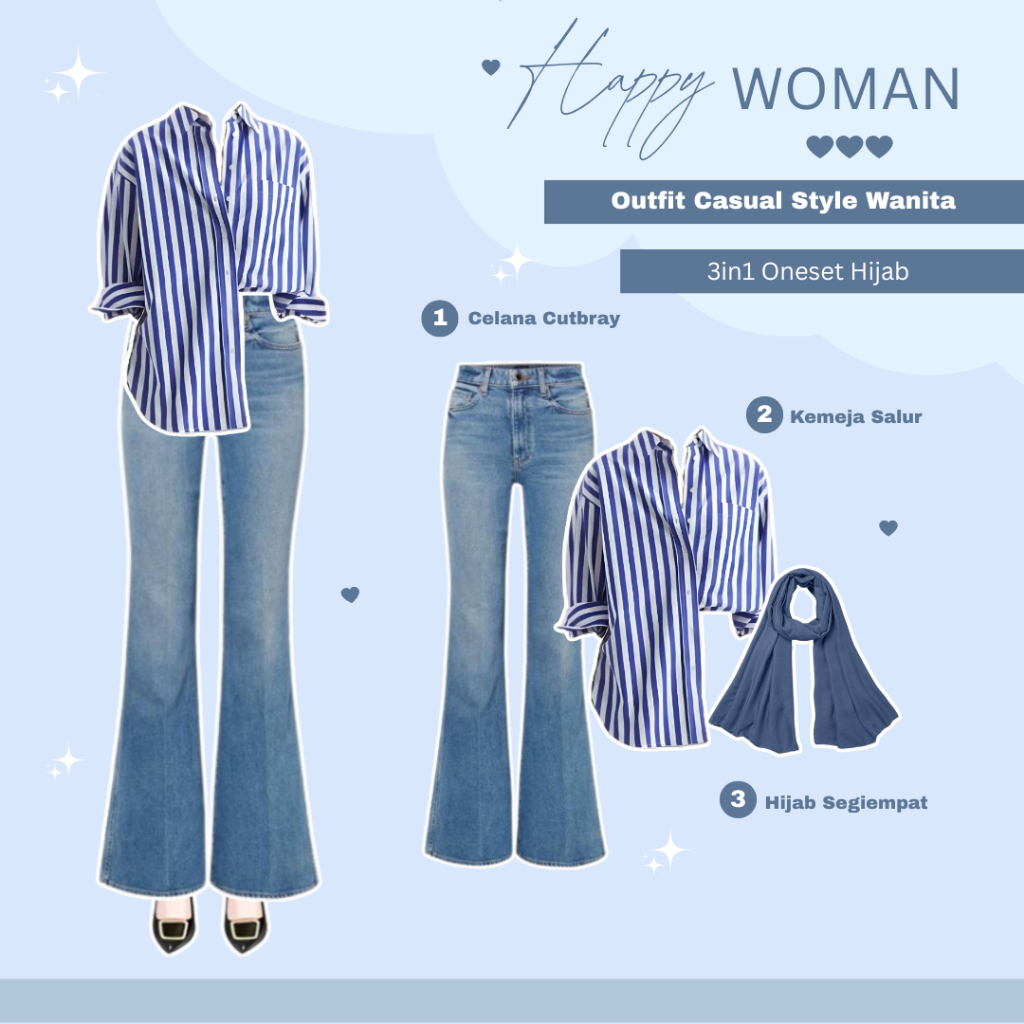 Setelan Wanita One Set 3in1 Casual Outfit Baju Satu Set Wanita (Kemeja dengan Celana Cutbray dan Hij