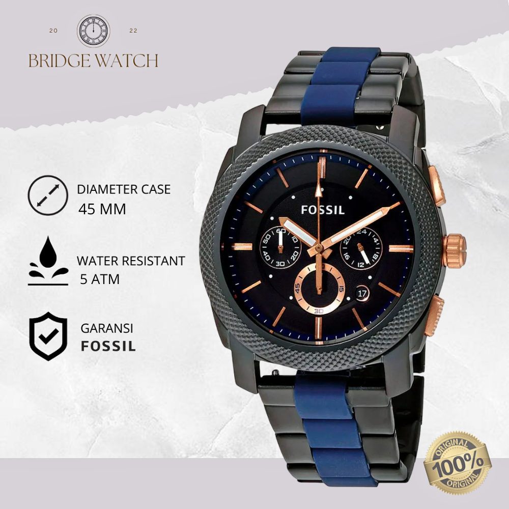 Jam Tangan Pria Fossil Machine Chronograph Analog Strap Rantai Combinasi Two-Tone Black Dial Stainle