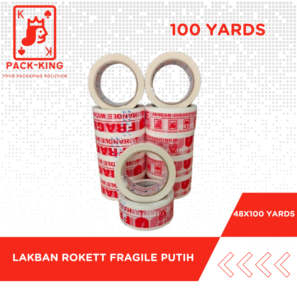 

LAKBAN FRAGILE PUTIH ROKETT 2INCH(48mm)X100YARDS/ LAKBAN PUTIH FRAGILE ROKETT MURAH TOP