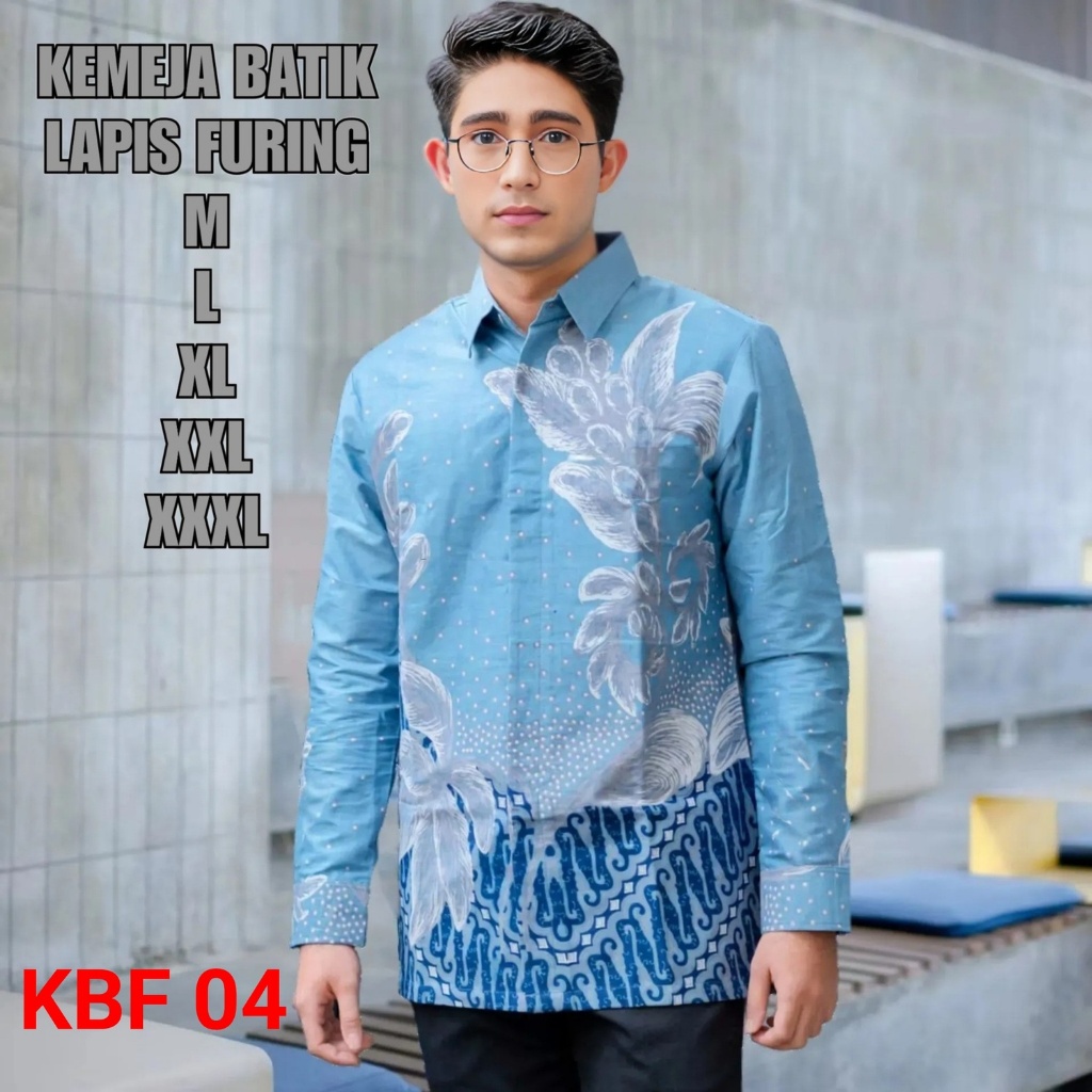 Kemeja Batik Pria LAPIS FURING Baju Batik Slimfit Lengan Panjang Warna Biru Denim