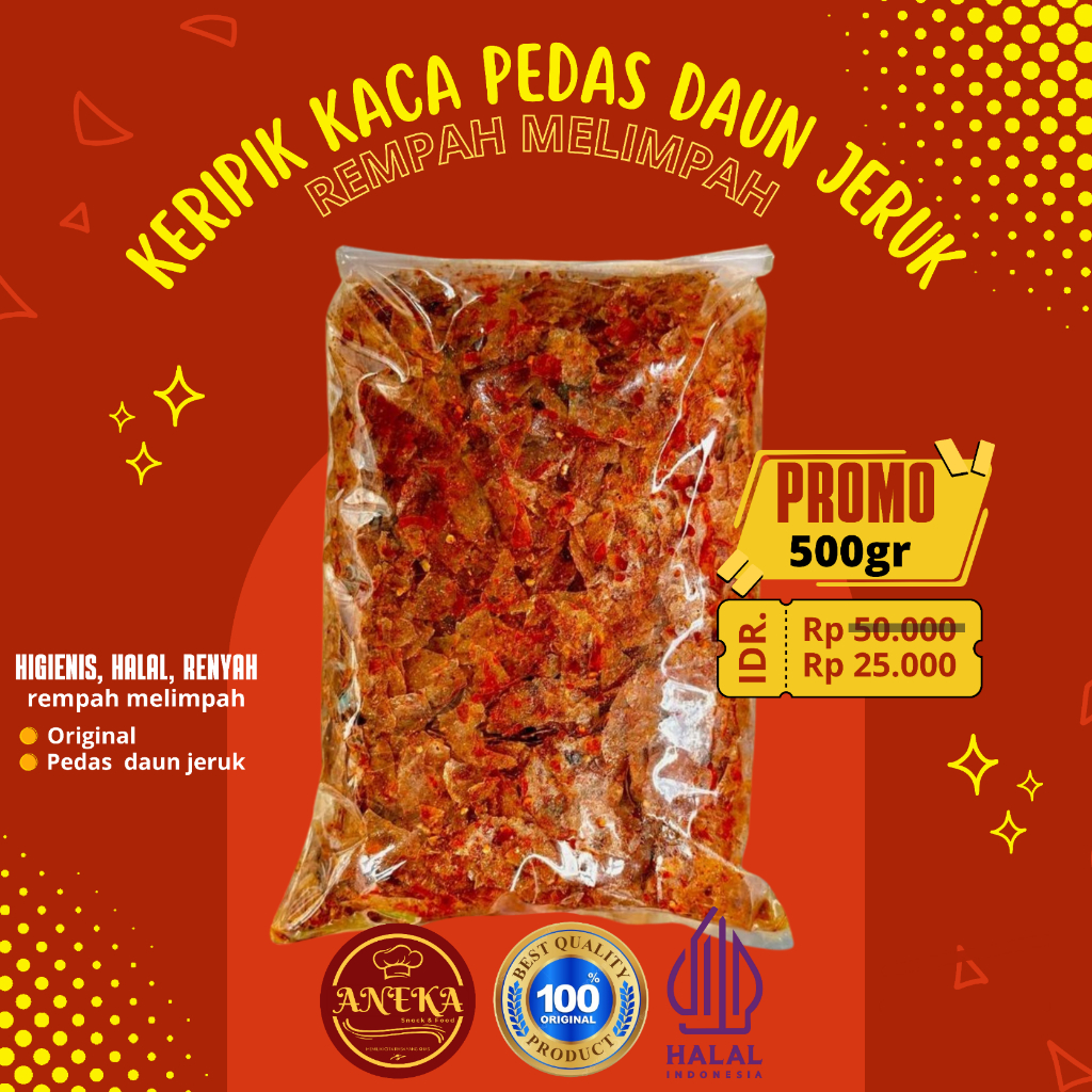 

Keripik Kaca Pedas Daun Jeruk 500 Gram/Keripik Kaca Pedas Gurih/Keripik Kaca Original Daun Jeruk Renyah Lezat