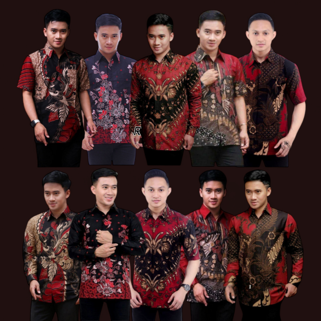 Kemeja Atasan Batik Pria Merah Lengan Panjang Katun Jumbo Batik Laki Lengan Pendek Maroon