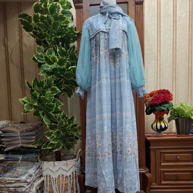 Gamis 3V ceruty full puring +Hijab segiempat terbaru.