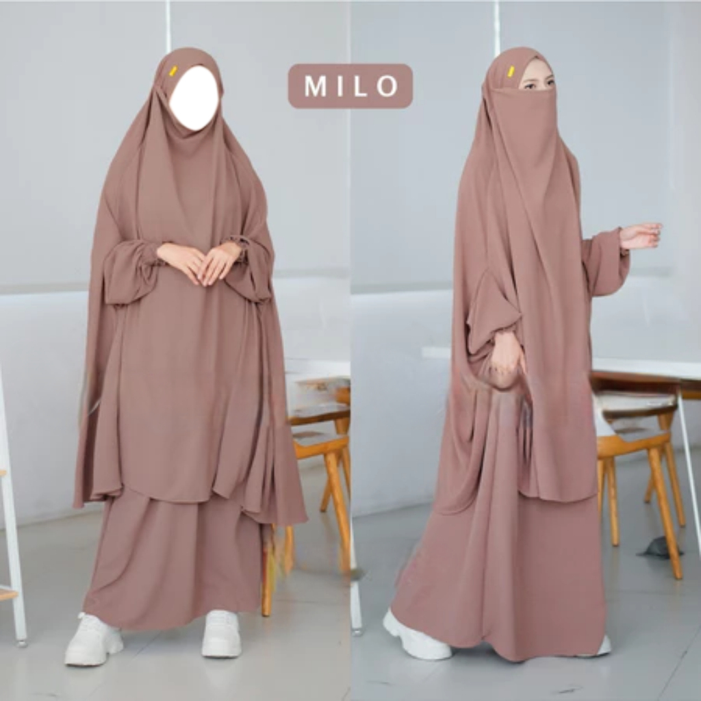 French Set Gamis Khimar Syari Warna Milo – Bahan Dingin Lembut Jatuh Anti Kusut & UV Premium
