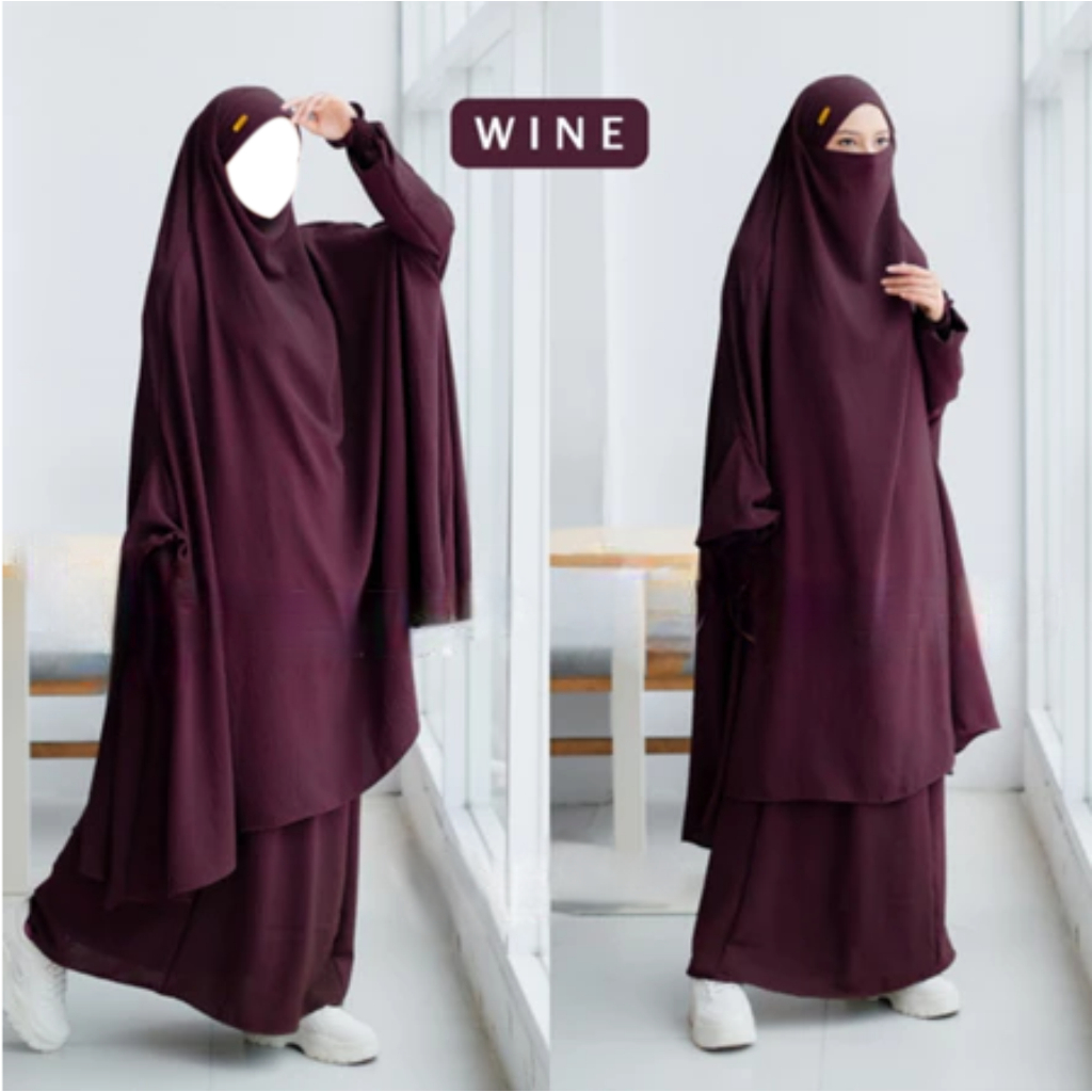 French Set Gamis Khimar Syari Warna Wine – Bahan Adem Lembut Jatuh Anti Kusut & UV Premium