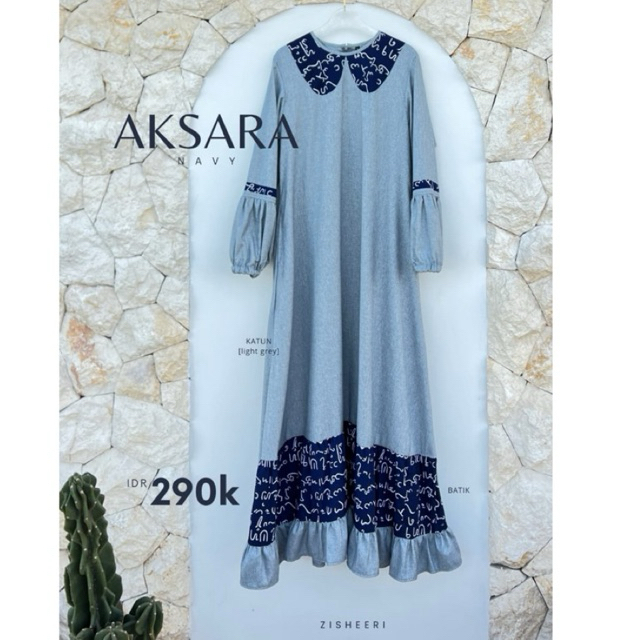 Zisheeri Aksara Dress Gamis Warna Navy dan Abu Burgundy Toyobo Premium mix Katun Motif Ada sz XS-5XL