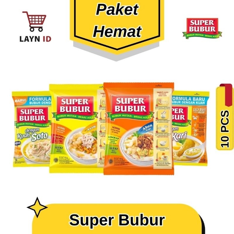 

Super Bubur - PAKET HEMAT 10 PCS - Bubur Instan Rasa Ayam, Abon Sapi, Kuah Kari, dan Kuah Soto