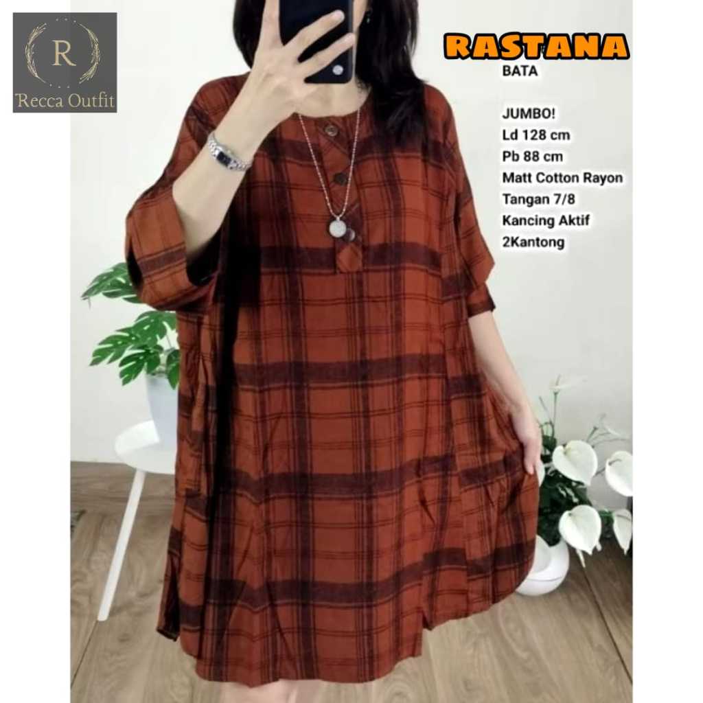 Tunik Jumbo Kotak RASTANA – Baju Atasan Wanita Lengan 7/8 Katun Rayon Adem Recca LD 130