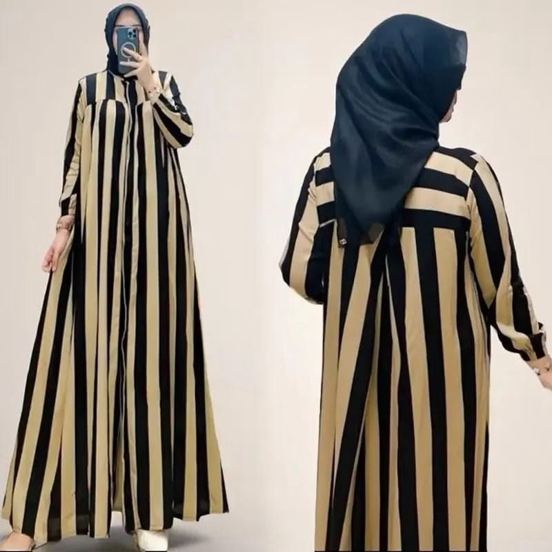 Gamis Salur Terbaru Midi Dress Lurik Wanita Kekinian Dress Viral Rayon Premium / Gamis Rayon