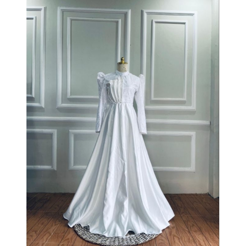 Ready stock gamis dress muslimah white / gaun pesta singer pengantin