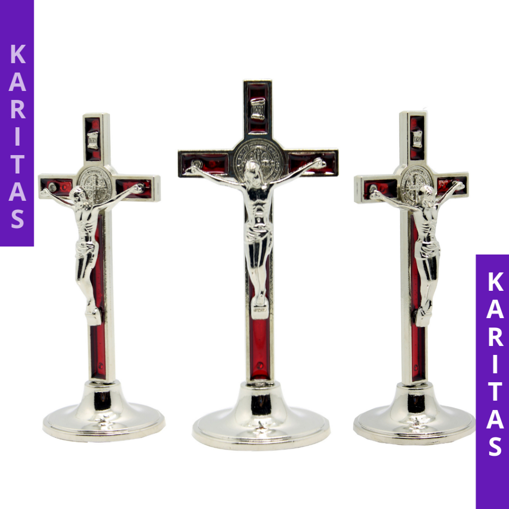 SALIB DUDUK KATOLIK  LOGAM 12 CM /  SALIB MEJA / SALIB BENEDIKTUS / SALIP  / SALIB KAYU / SALIB MEJA