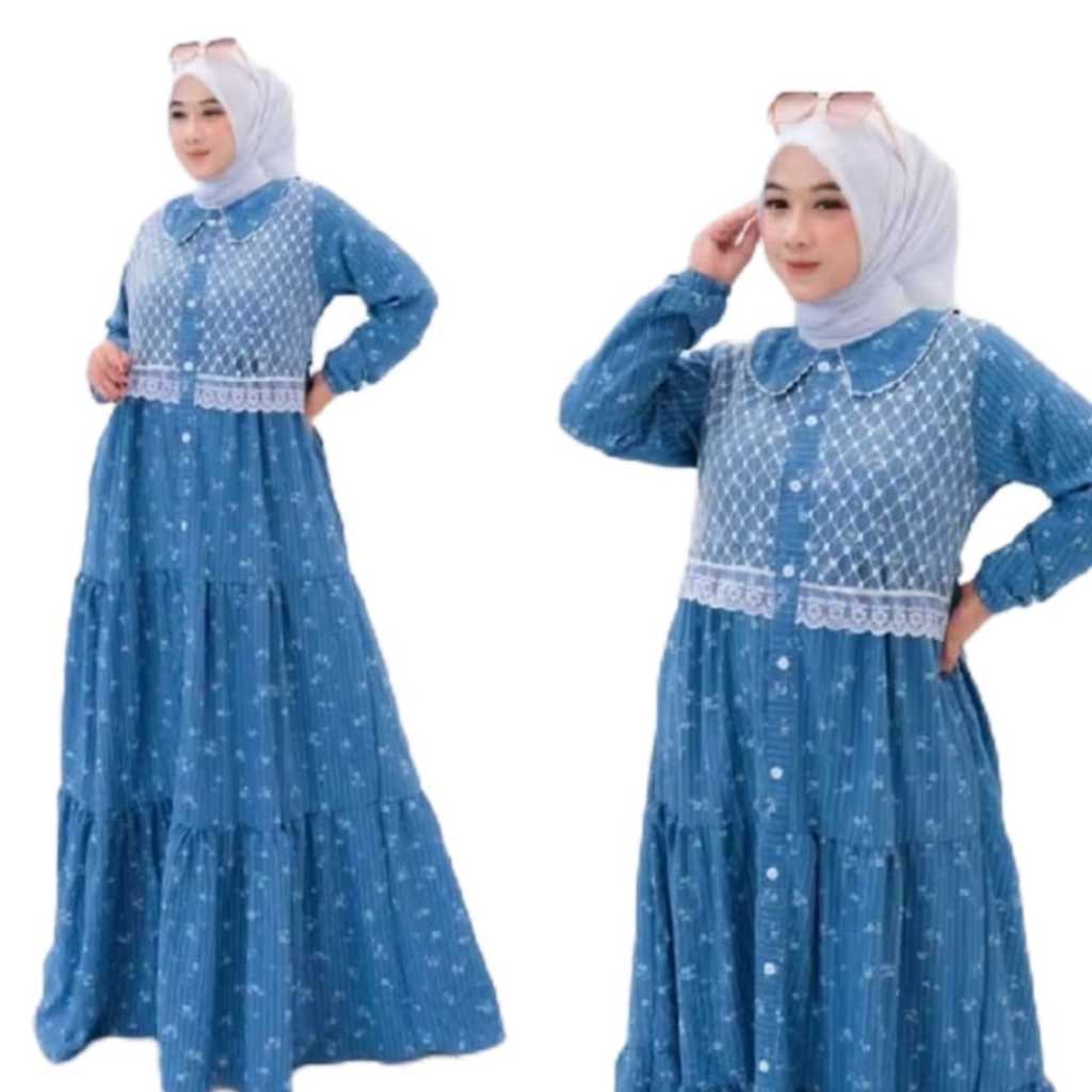 GAMIS RETINA BUNGA SALUR KATUN KOMBINASI BRUKAT PREMIUM