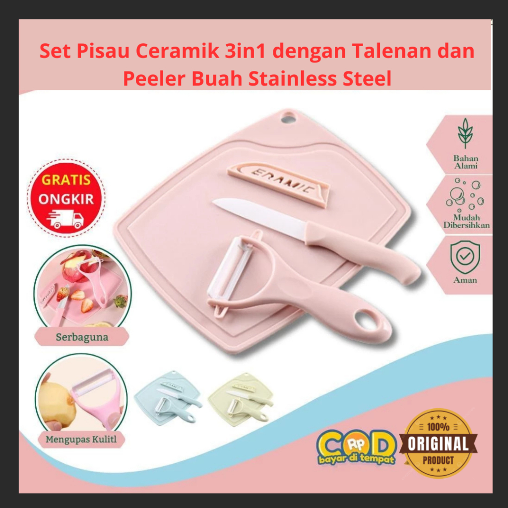 Pisau Set Talenan 3 In 1 / Pisau Set Talenan Pisau Pengupas Buah Sayur Dapur Serbaguna / Pisau Set T