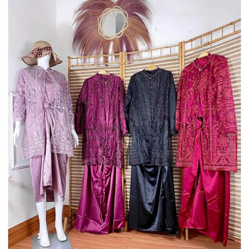 GAMIS BRUKAT PESTA 2 in 1Matt. Satin kombinasi rompi brukat payet