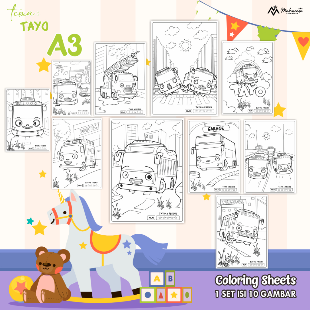 

[TAYO] KERTAS MEWARNAI ANAK - LEMBAR GAMBAR ANAK READY STOCK - COLORING SHEETS A3
