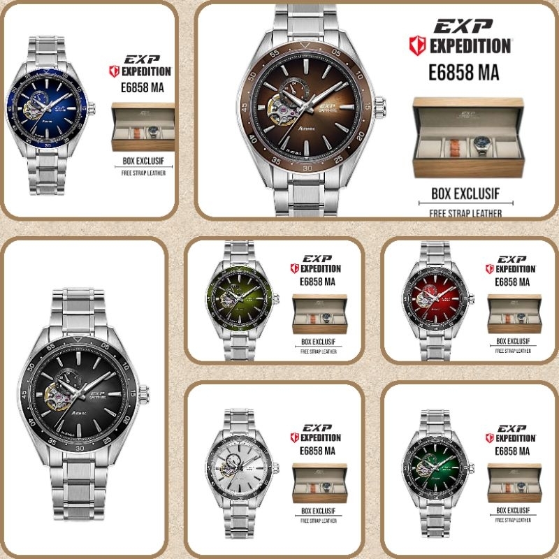 Jam Tangan Pria Automatic Expedition 6858 E6858 EXP6858 ( FREE TALI KULIT ) Tali Besi / Stainless St