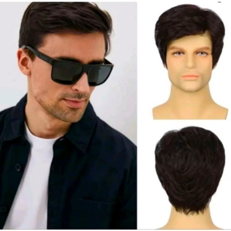 WIG PRIA KOREA STYLE RAMBUT PENDEK BELAH SAMPING WIG RAMBUT PALSU PRIA KEREN GAYA EROPA WIG MURAH RA