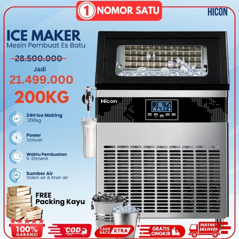 HICON Mesin Pembuat Es Batu Kristal 200kg/24Jam Ice Cube Maker Machine 200kg/hari