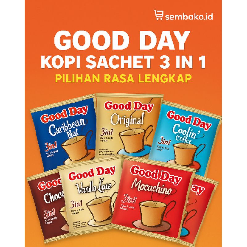 

Good Day Kopi Sachet 3 in 1 (isi 10) - 6 Varian Rasa Lengkap | Mocaccino, Chococinno, Vanilla Latte, Original, Coolin Coffee, Caribbean Nut