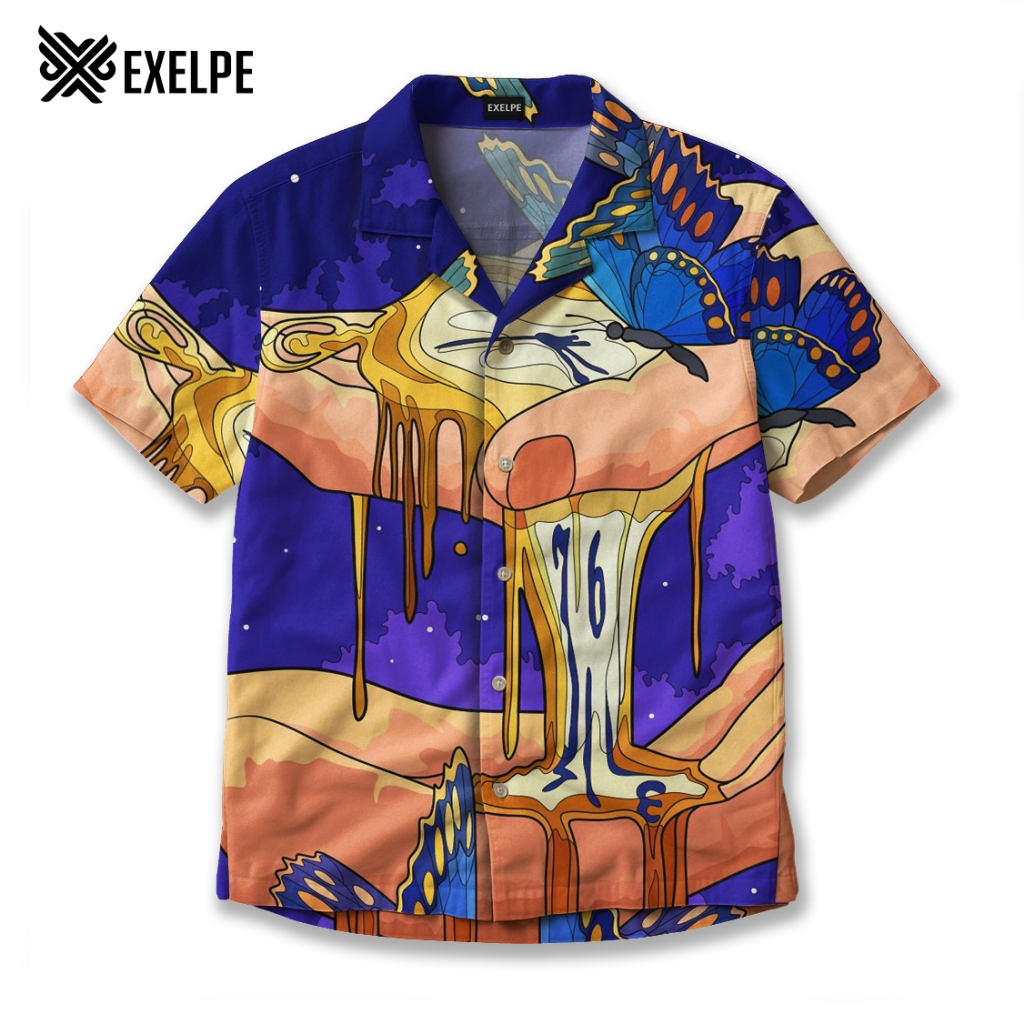 EXELPE Kemeja Santai Surreal Jam Meleleh Art Unik
