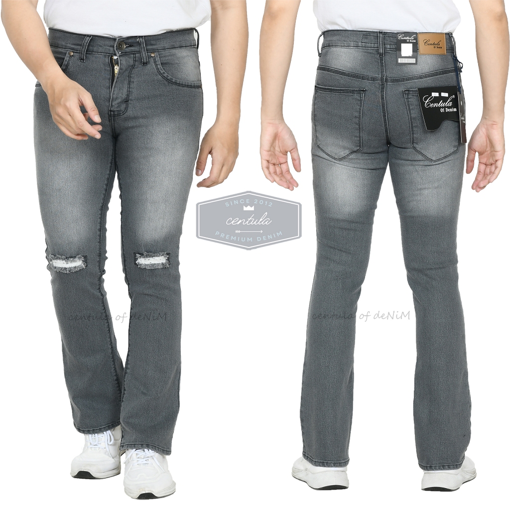 Celana Jeans Cutbray sobek Abu wash Pria Panjang Badjatex Katun Strech Melar