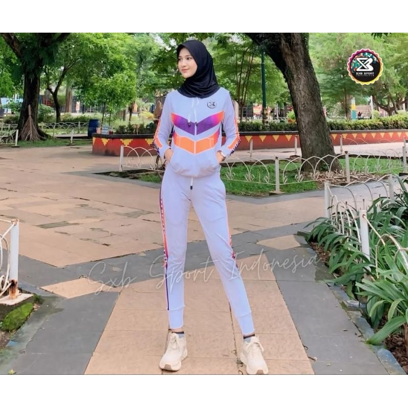 SXB SPORT WHITE LINES ORANGE JAKET HOODIE AND JOGGER BAJU OLAHRAGA
