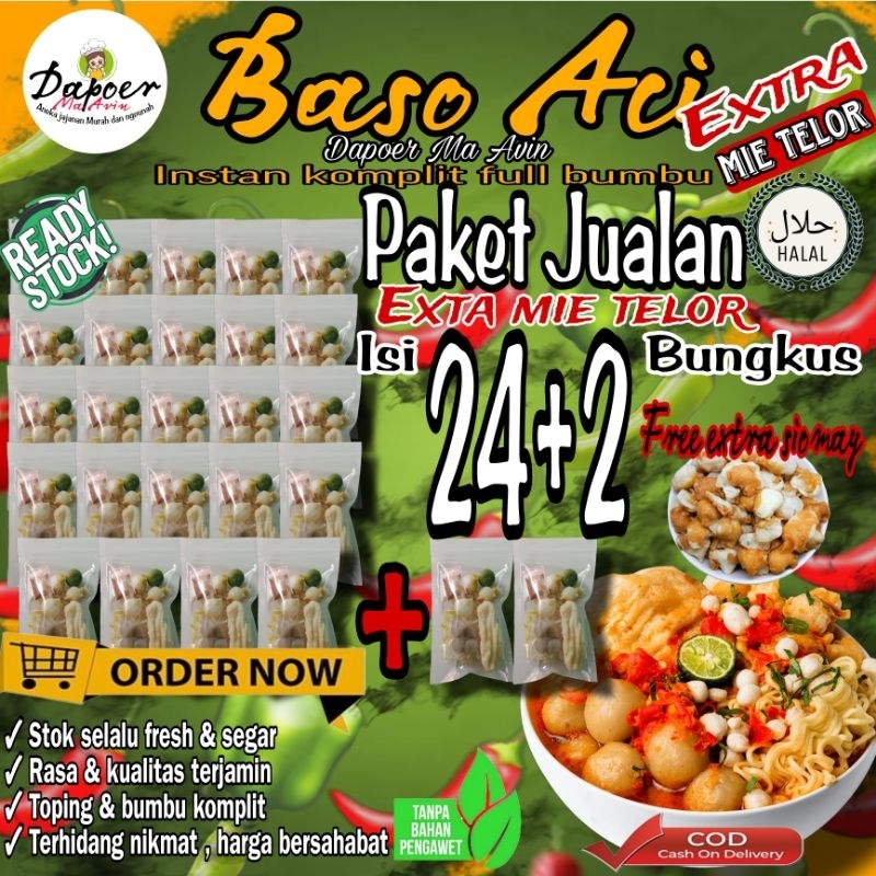 

26 Bungkus [Paket Jualan Extra Mie Telor] Baso Aci Instan Khas Bandung Komplit Full Bumbu Pedas / Bakso olahan / Baci Kuah / Boci Homemade - Makanan Cemilan Viral