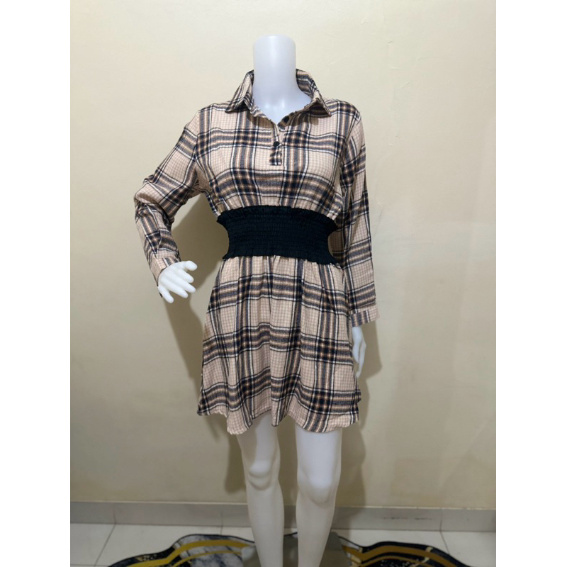 dress Korea dress mini dress kotak kotak wanita lengan panjang dress mini kerah dress coklat