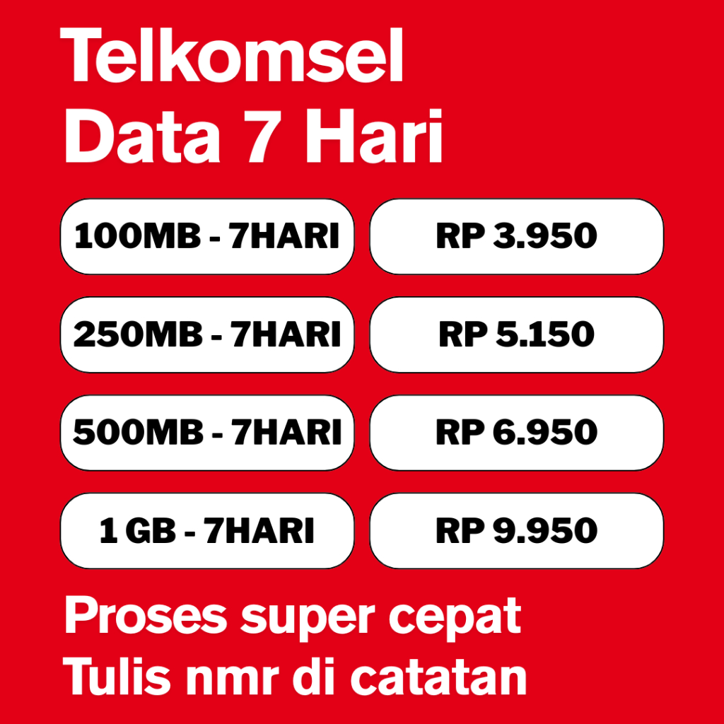 paketdata telkomsel kuota telkomsel 100mb 250mb 500mb 1GB 7hari