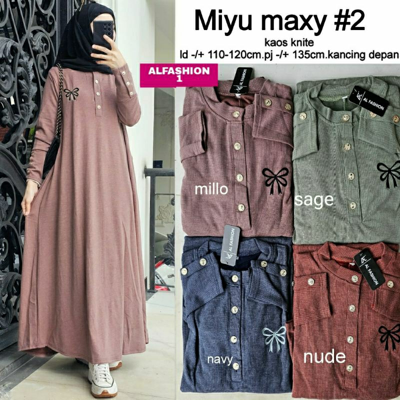 Miyu Maxy #2, gamis bahan kaos knite import mix bordir fit to XXL ld 110-120 kancing busui termurah 