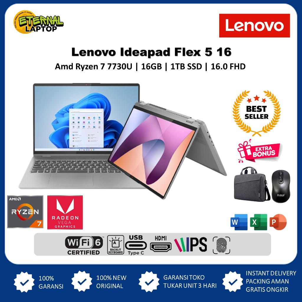 Laptop 2in1 Lenovo IdeaPad Flex 5 16 Amd 7 7730U  16GB 1TB WUXGA Windows 11 Home Touchscreen