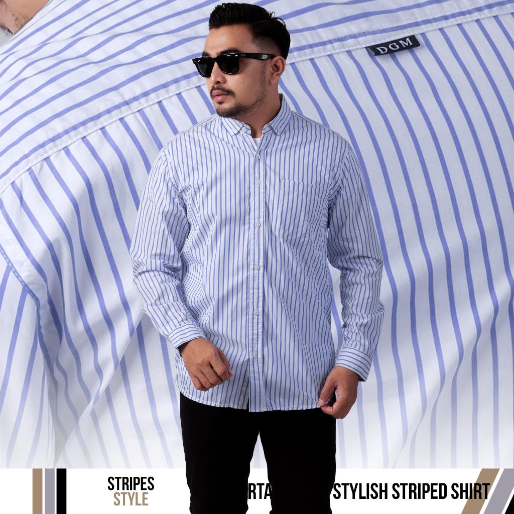 DGM Kemeja Pria Salur Lengan Panjang Premium Kemeja Stripe Pria Kemeja Garis Pria Slimfit Garis Biru