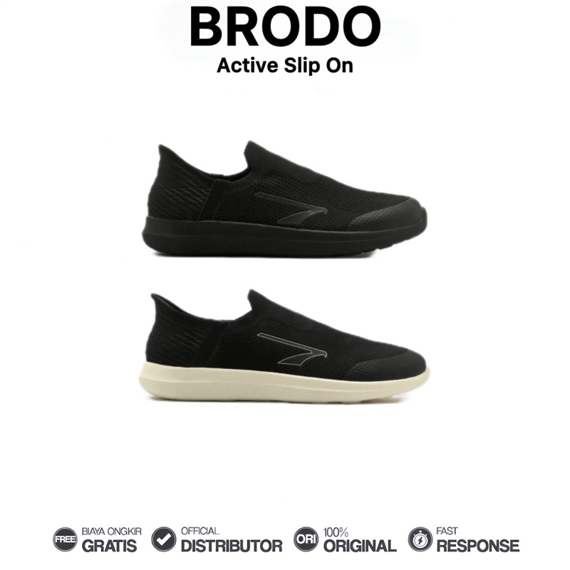 Brodo - Sepatu Active Slip on Casual Unisex Wanita Pria Original 100% Sekolah Hitam