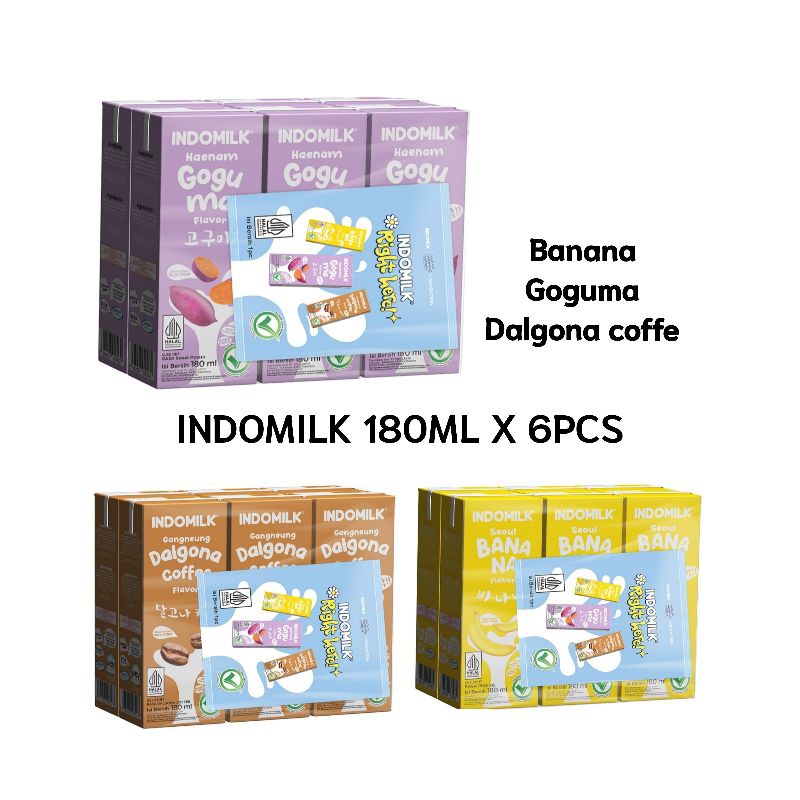 

Indomilk Gangneung Susu UHT Kopi Dalgona,Banana,Goguma Kotak 6 x 180 ml