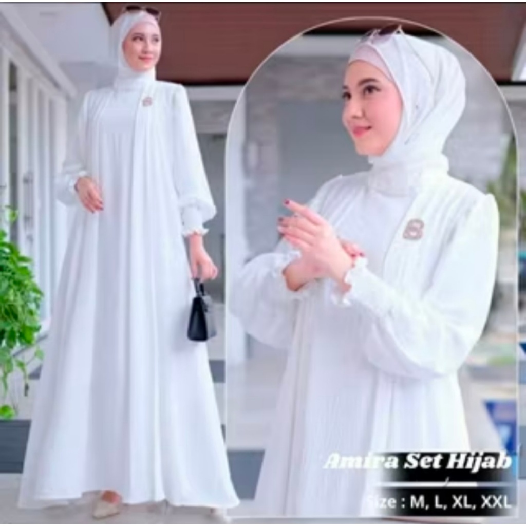 Gamis Amira Set Hijab Crinkle Airflow Premium Ukuran M Sampai XXL Baju Wanita Muslimah Polos