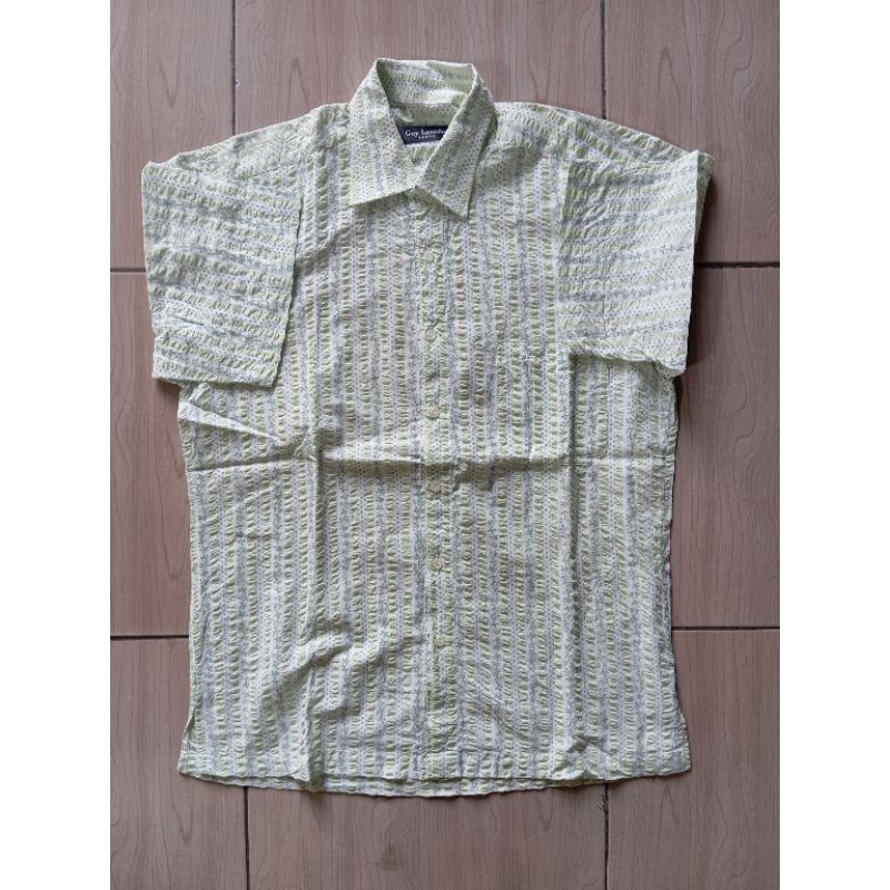 Kemeja Lengan Pendek Merek Guy Laroche Paris Bahan Katun Crinckle Warna Hijau Putih Salur Size XL